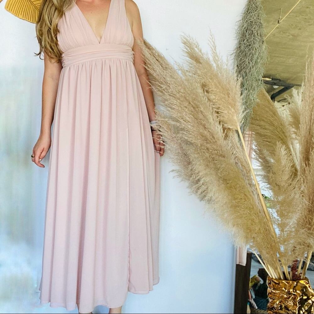 LULUS Blush Pink Grecian Plunge Neck Tank Maxi Wedding Guest Bridesmaid Dress XS